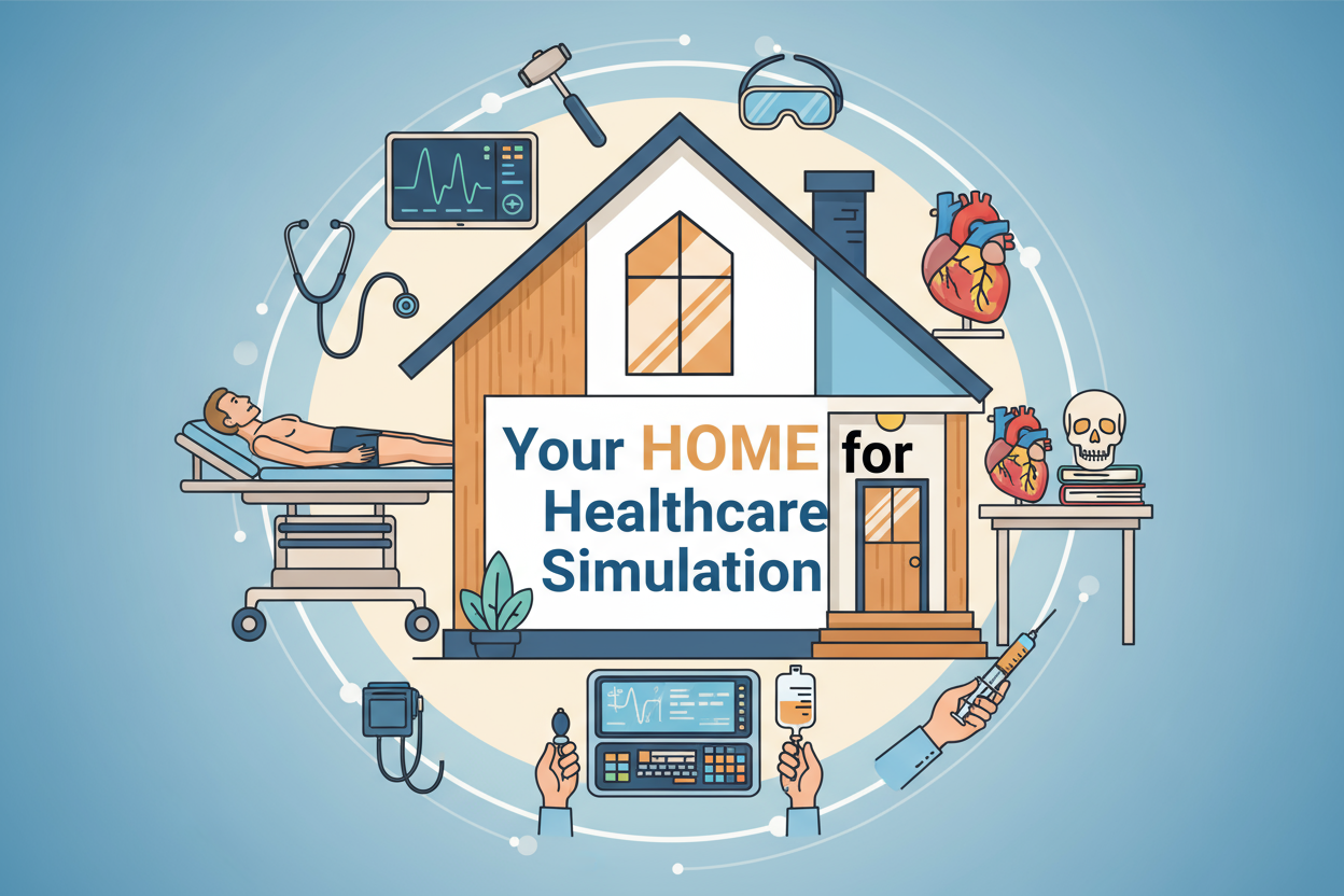 an image that depicts elements of healthcare simulation with a home in the middle and inside the home it says Your HOME for Healthcare Simulation